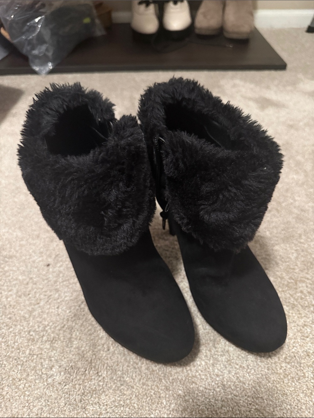 GBG Los Angeles Black Faux-Fur Cuff Ankle Heeled Boots